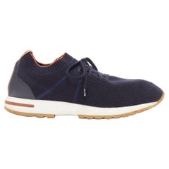 LORO PIANA 30 Flexy Walk navy knitted wish silk leather trim sneakers EU41