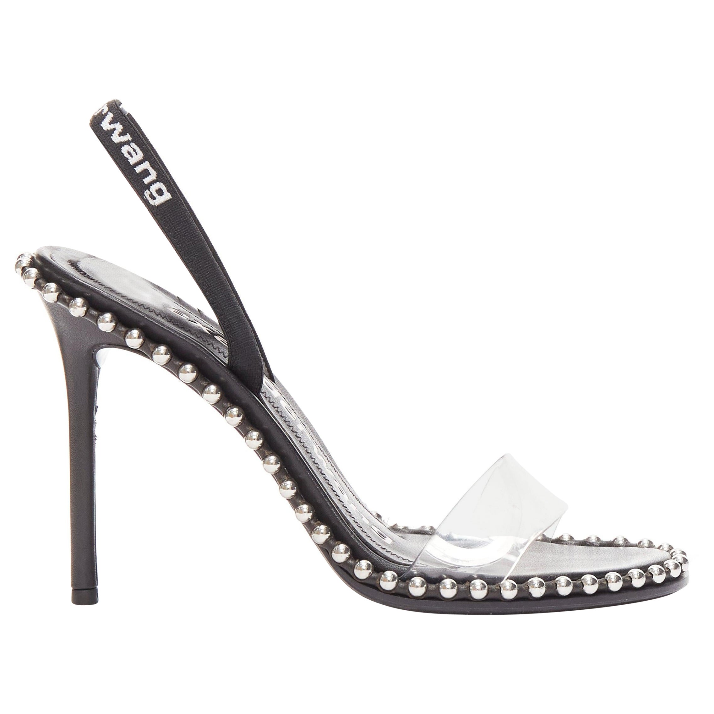 ALEXANDER WANG Nova 105 silver studded black logo slingback heels EU35 For Sale