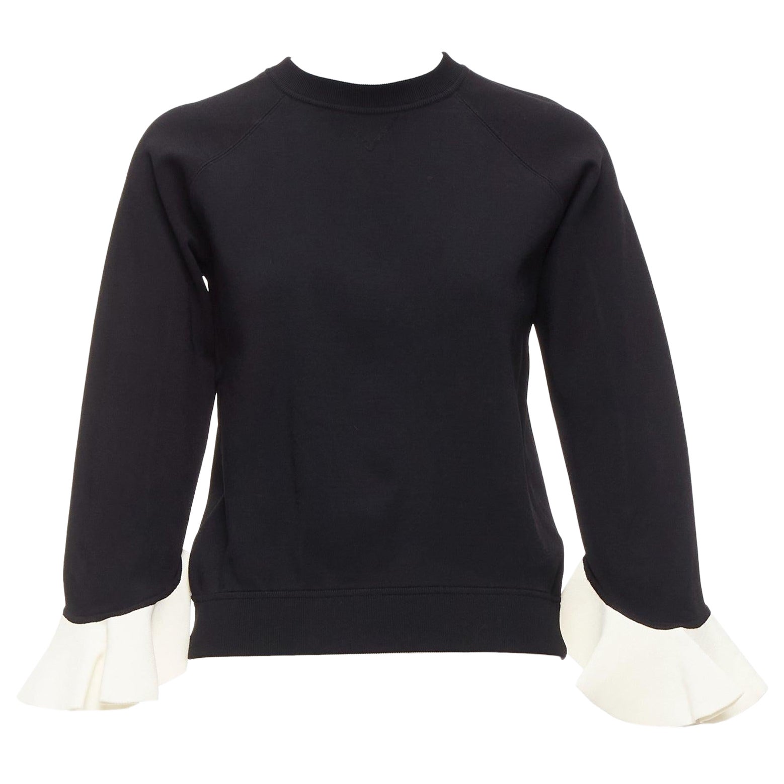VALENTINO black cream flare ruffles cuffs crew neck sweater top S en vente