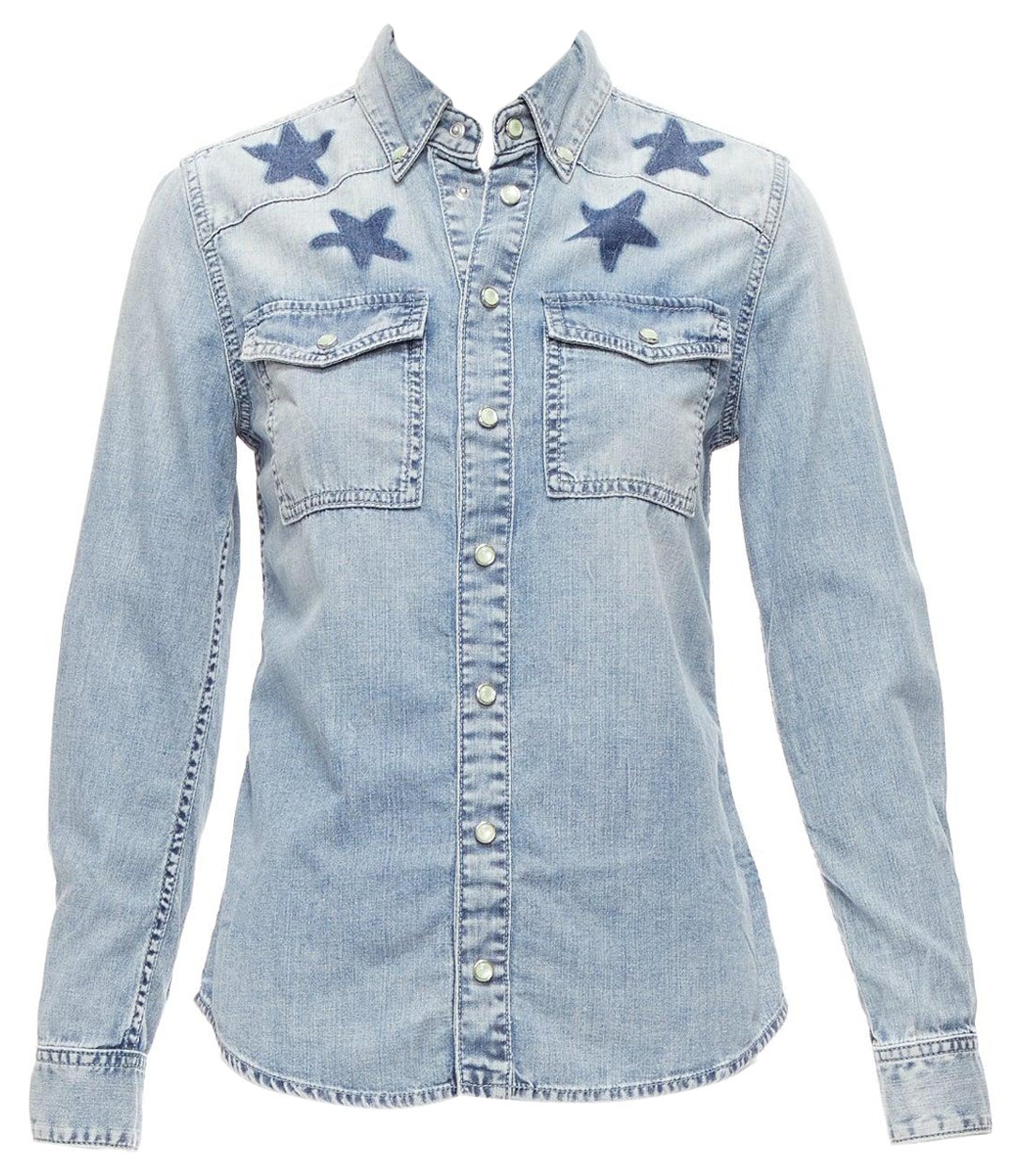 GIVENCHY Riccardo Tisci blue distressed denim star collar dress shirt FR36 S For Sale
