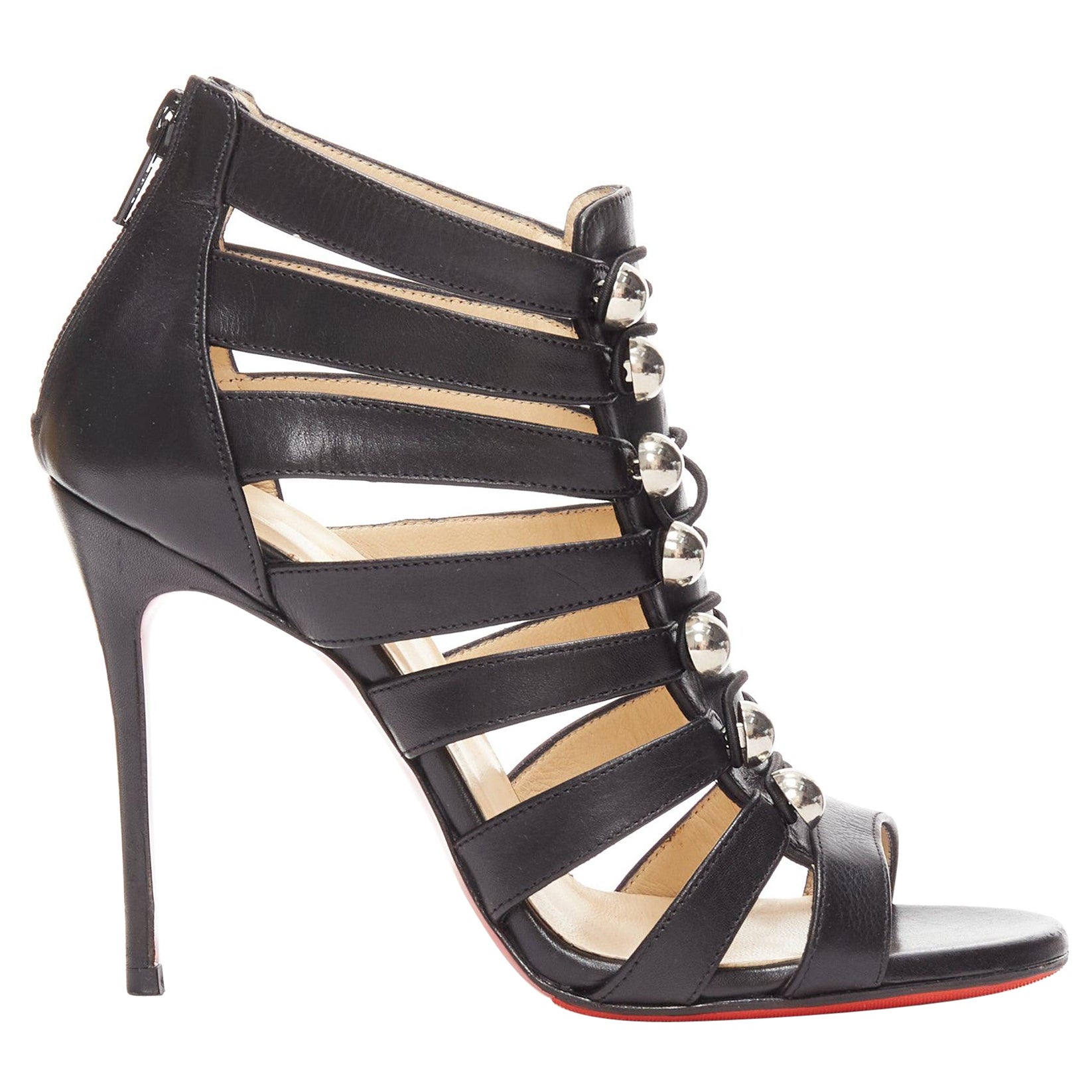 CHRISTIAN LOUBOUTIN Denis 100 black silver round studs caged sandals EU35 For Sale