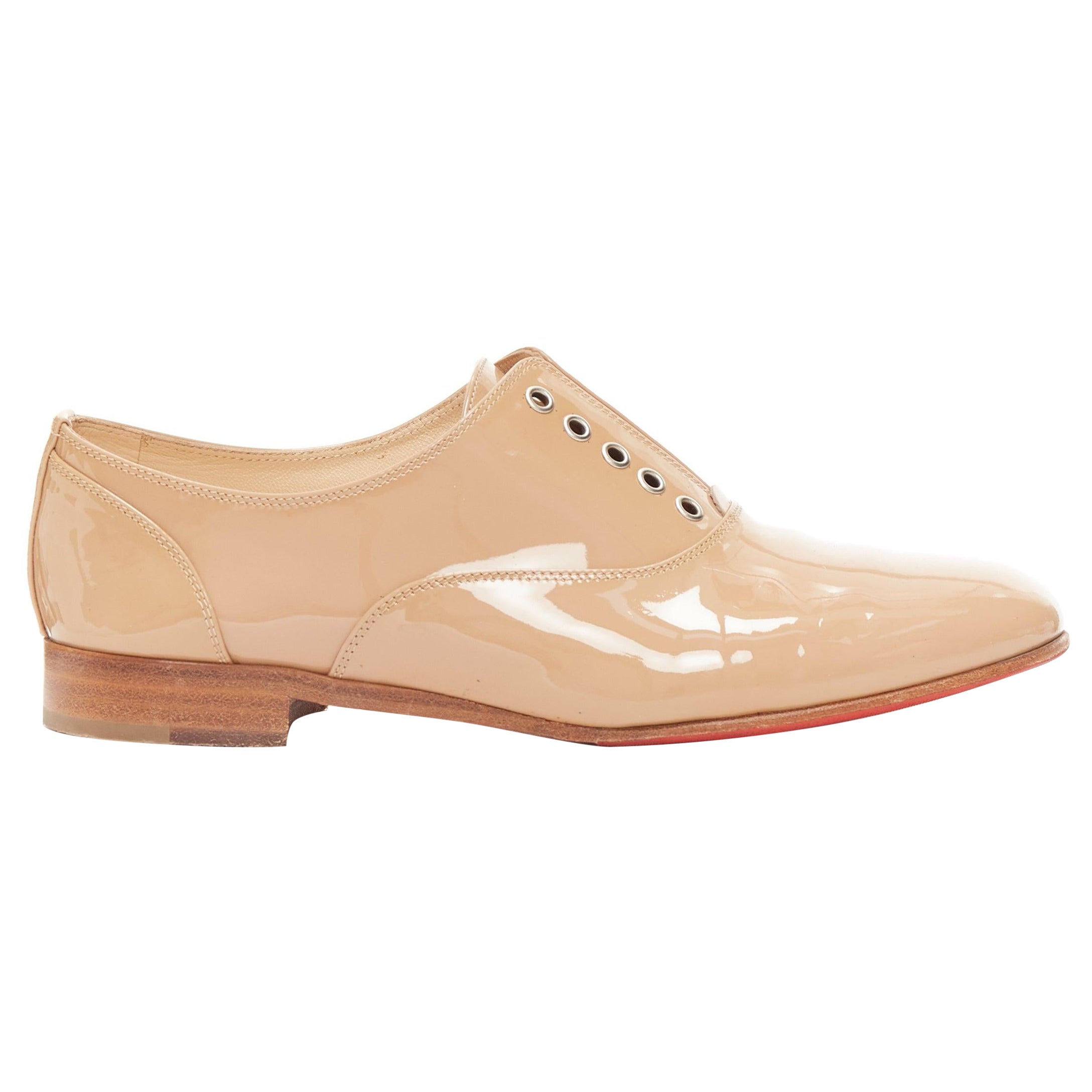 CHRISTIAN LOUBOUTIN beige patent leather round toe derby flat shoes EU35.5 For Sale