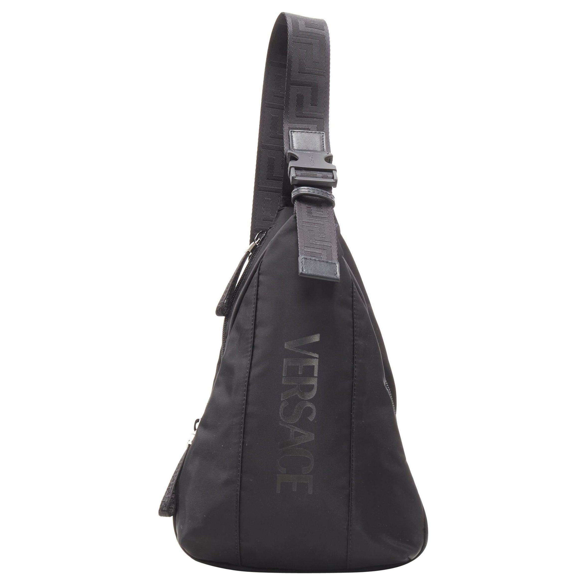 VERSACE La Greca Vintage 90s Logo black nylon small sling backpack bag For Sale