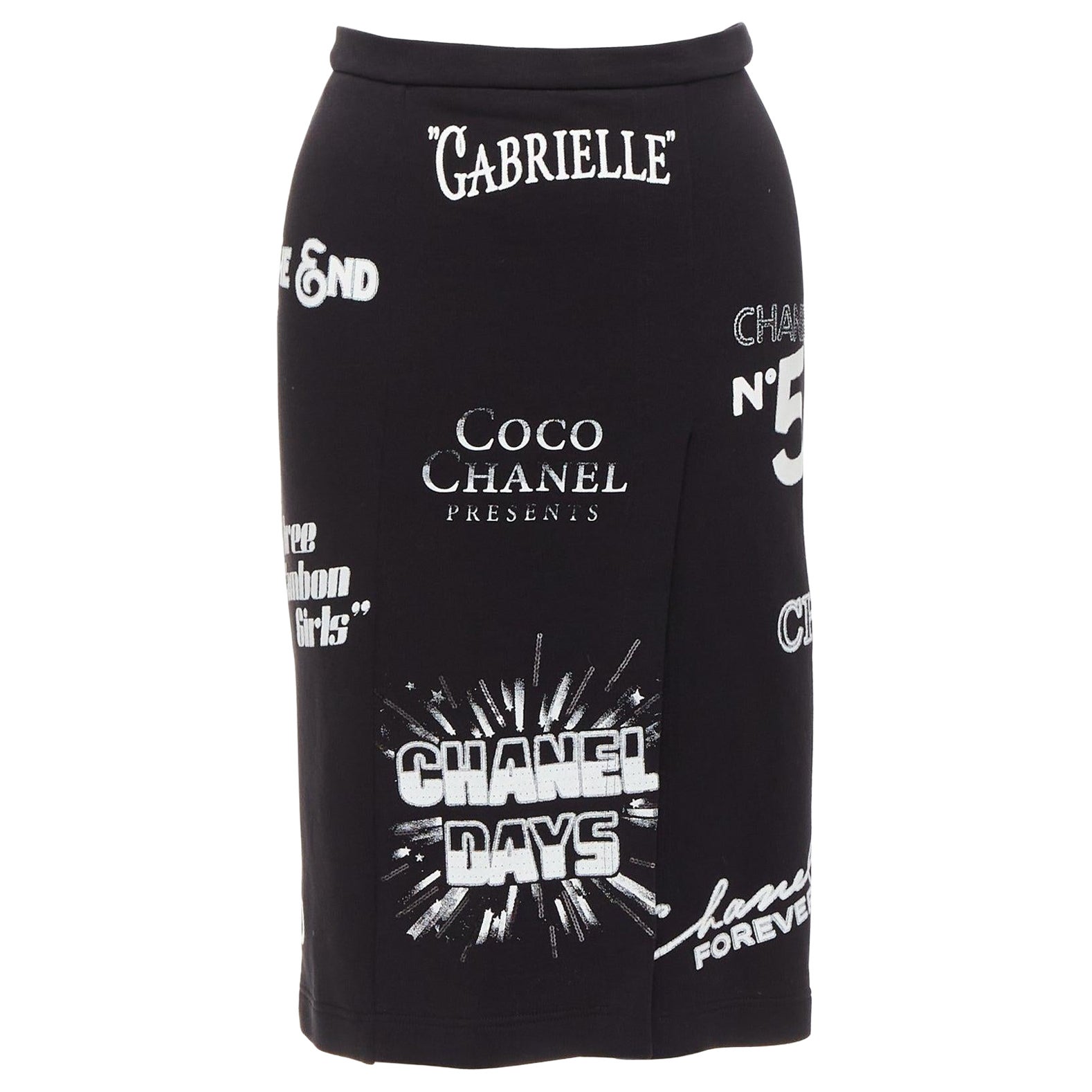 CHANEL black white Coco Gabriele graphic print slit pencil skirt FR34 XS For Sale