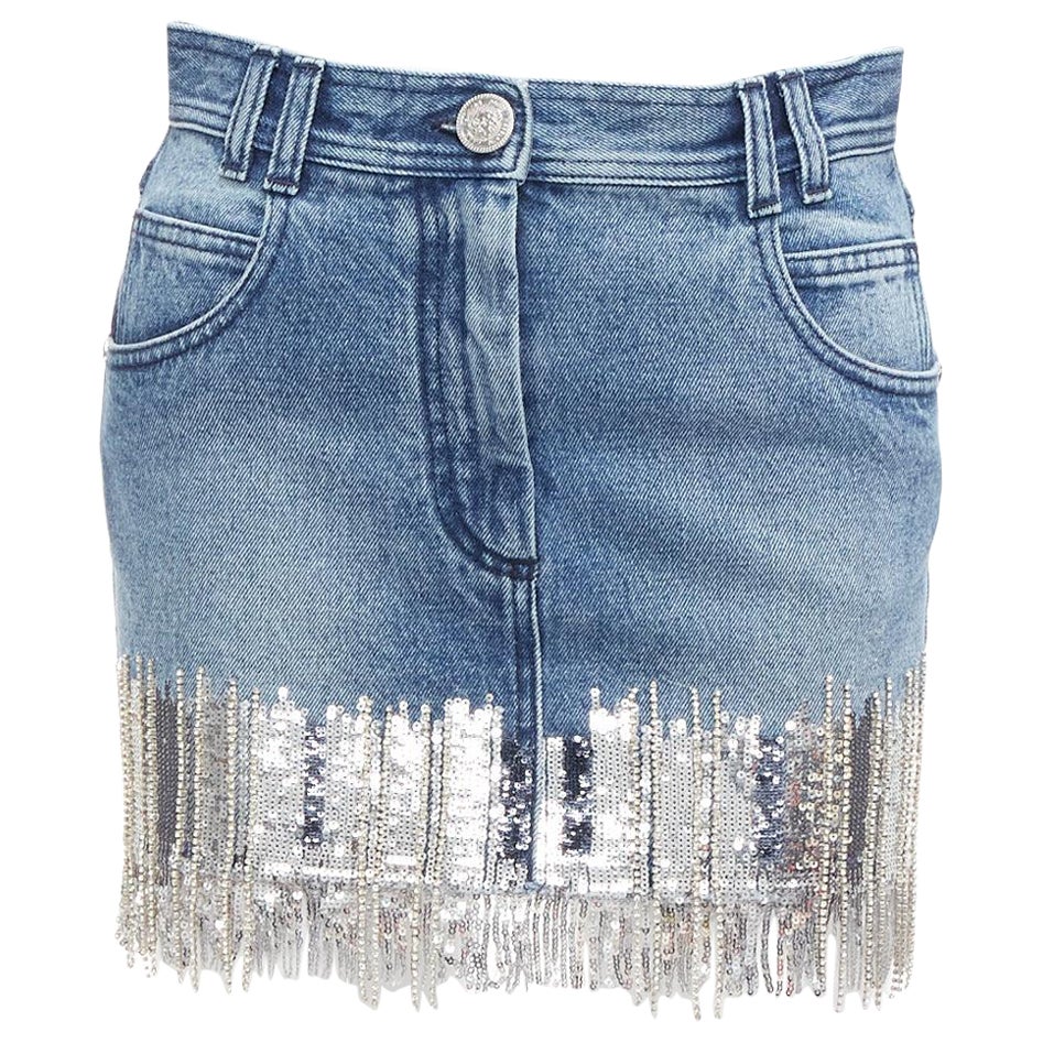 BALMAIN washed blue denim silver crystal sequins fringe mini skirt FR34 XS For Sale