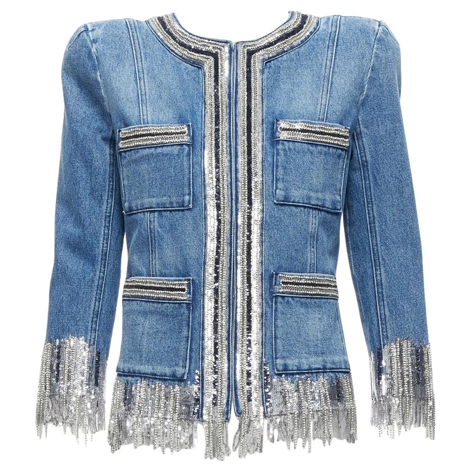 BALMAIN blue washed cotton denim silver crystal embellished trim jacket FR36 S For Sale