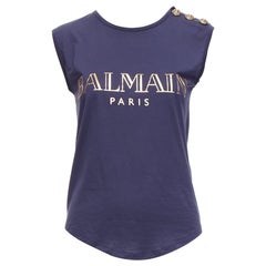 BALMAIN Marineblaues Militär-Tanktop mit goldenem Folie-Logo und Knopfleiste FR34 XS