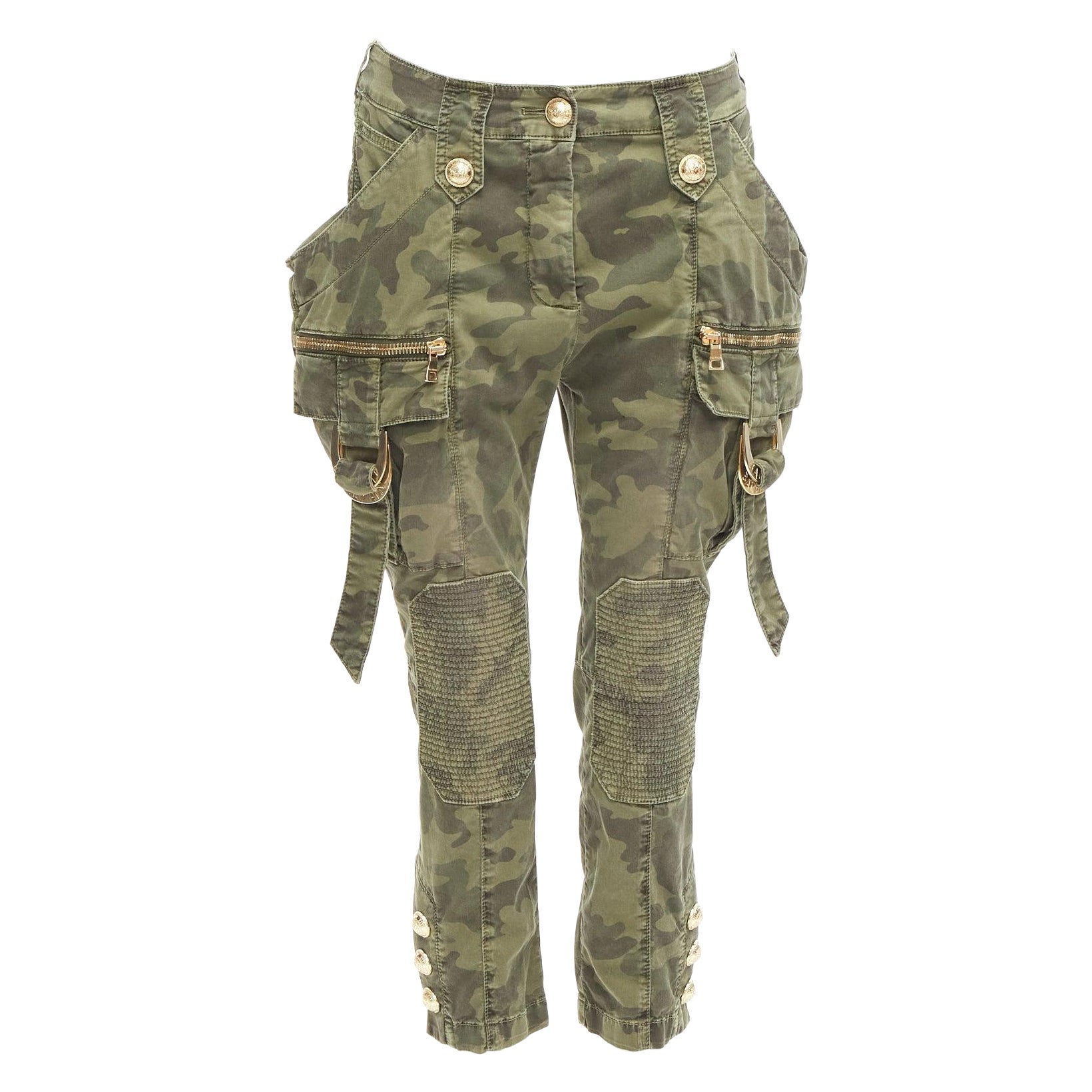 BALMAIN green camo cotton gold hardware mid waist cargo biker pants FR34 XS For Sale