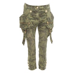 BALMAIN green camo cotton gold hardware mid waist cargo biker pants FR34 XS