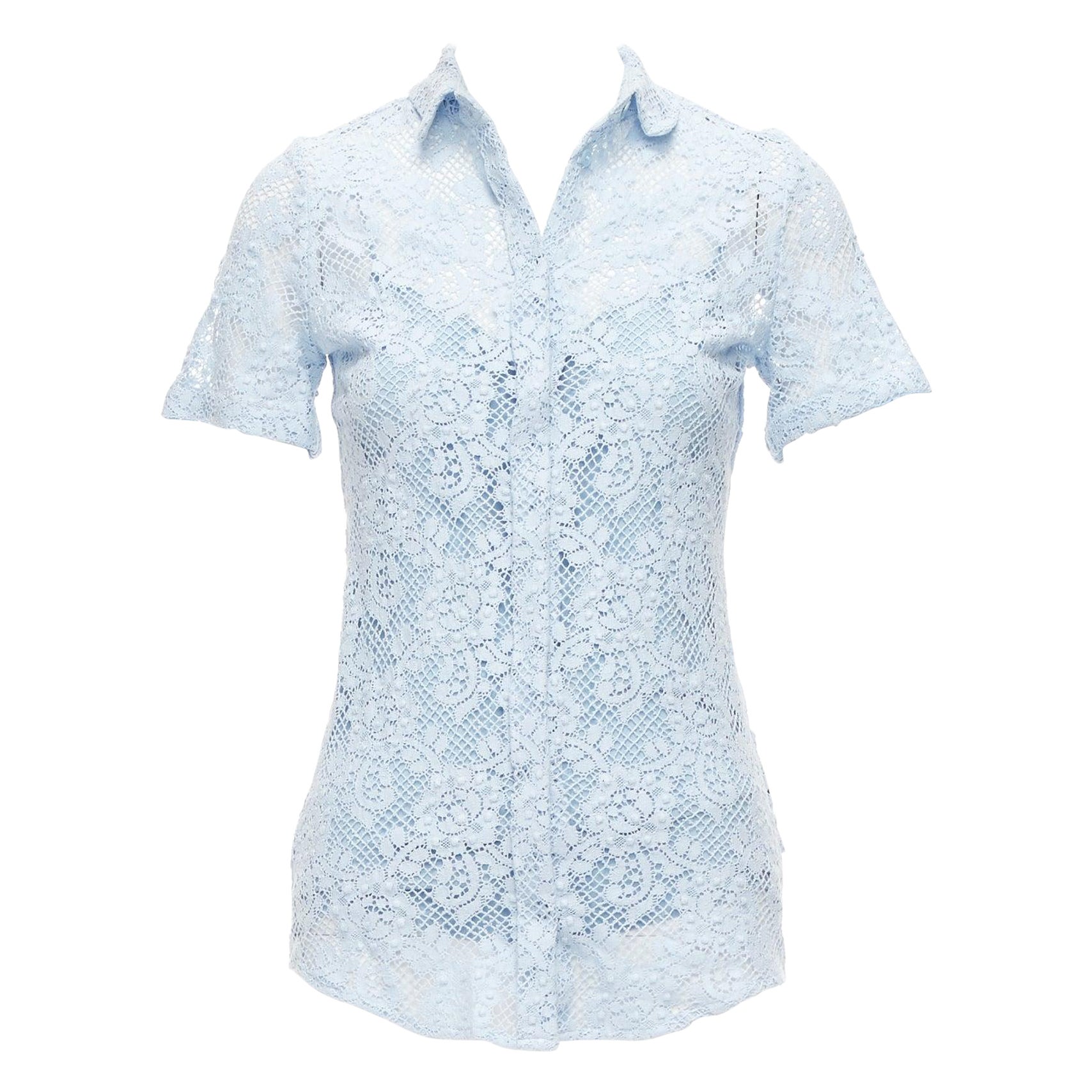 BURBERRY 2014 Runway baby blue floral lace short sleeve dress shirt IT36 XXS For Sale