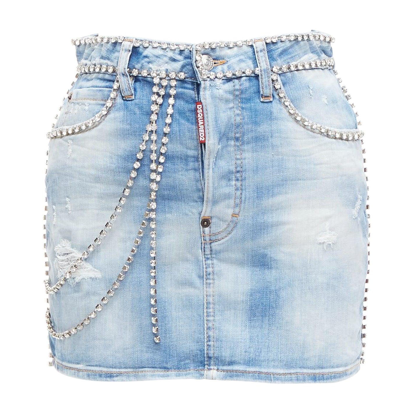 DSQUARED2 mini-jupe bleue en jean vieilli ornée d'une chaîne en cristal IT36 S en vente