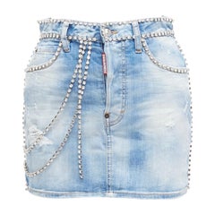 Used DSQUARED2 blue distressed denim crystal chain embellished mini skirt IT36 S