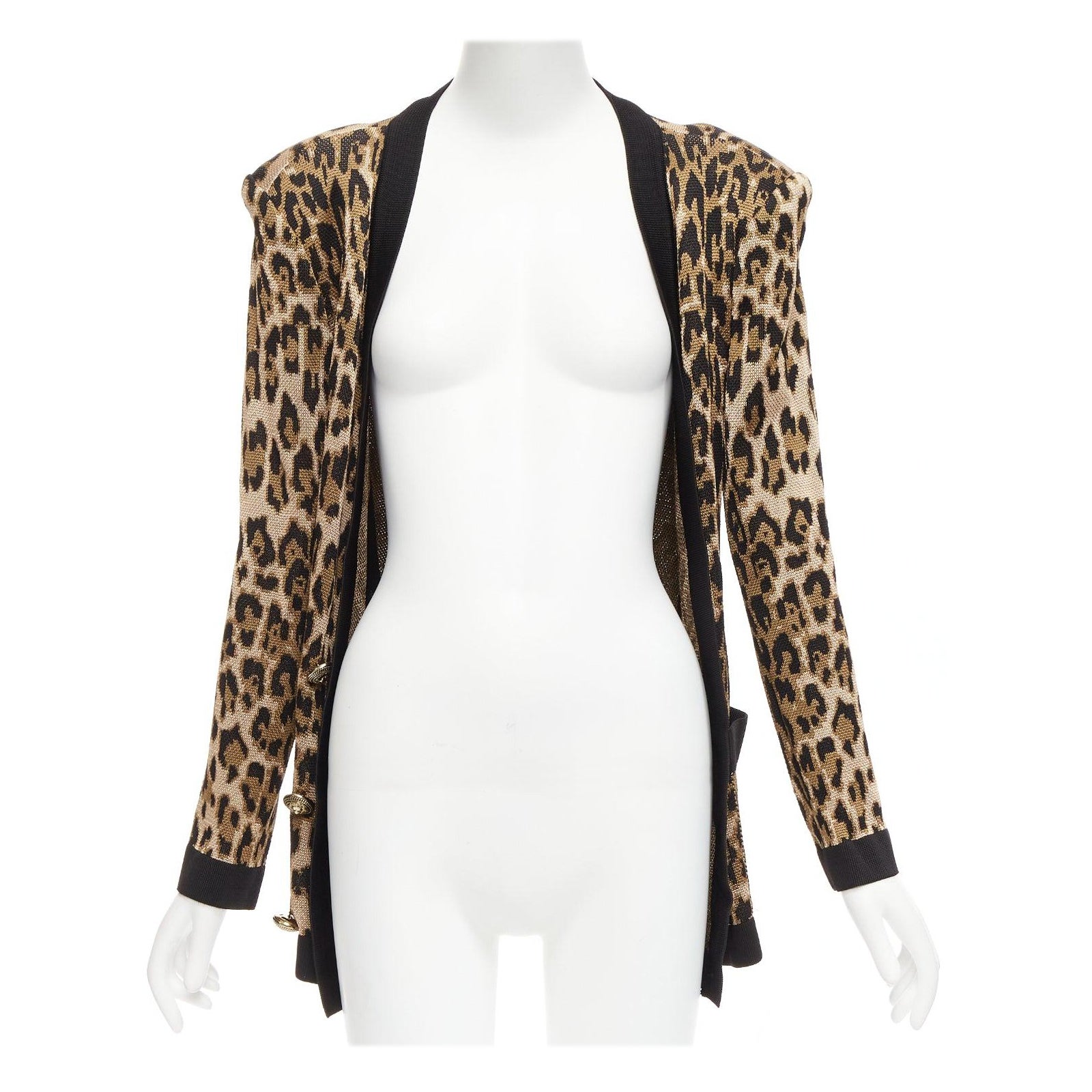 BALMAIN brown leopard jacquard power shoulder gold buttons cardigan FR38 M For Sale
