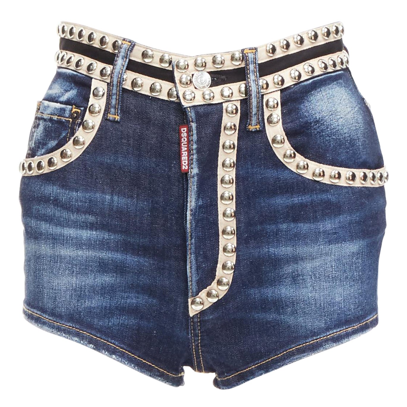 DSQUARED2 silver dome studs blue washed denim beige trim hot shorts IT40 S For Sale