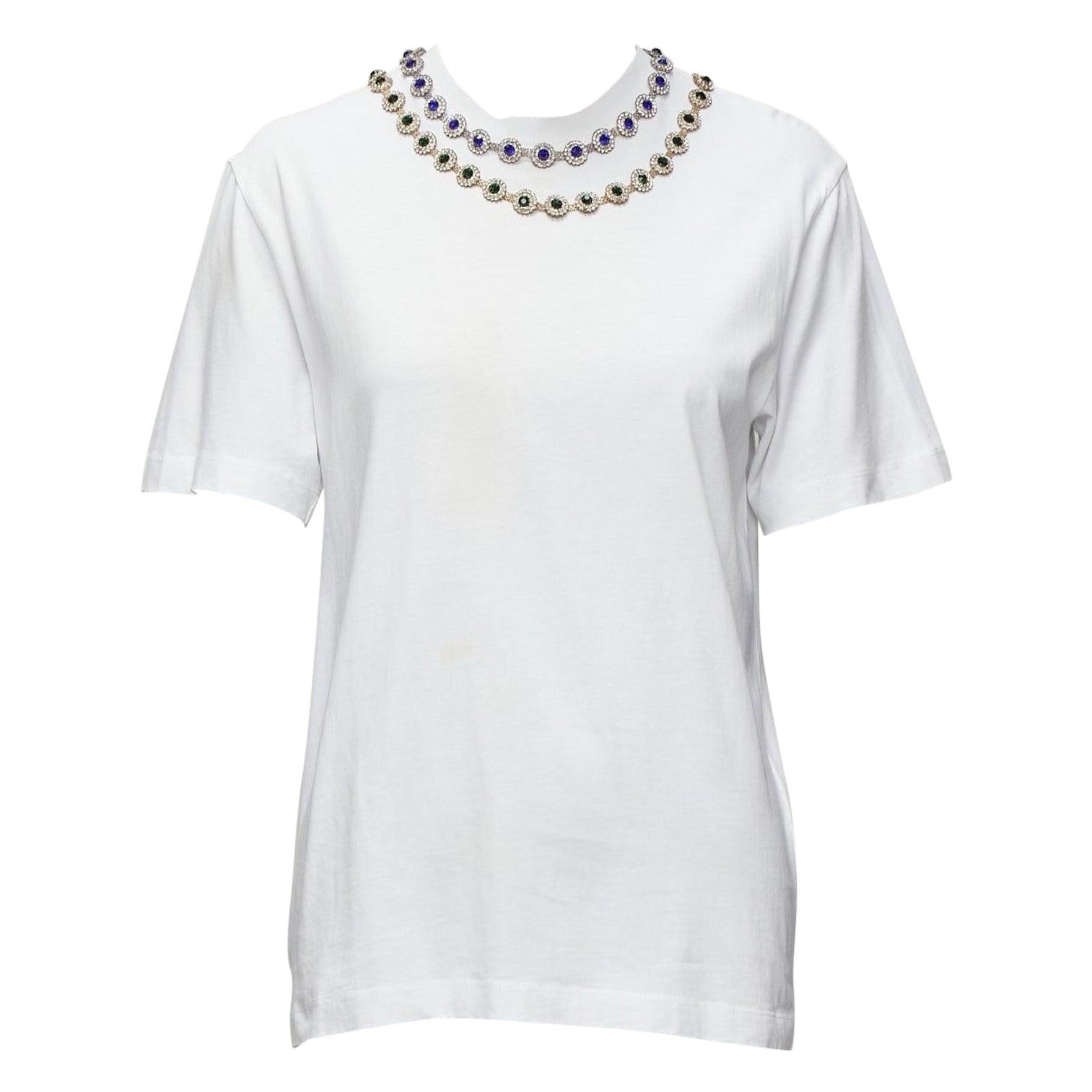 CHRISTOPHER KANE white cotton mixed rhinestone tromp loeil necklace white tshirt For Sale