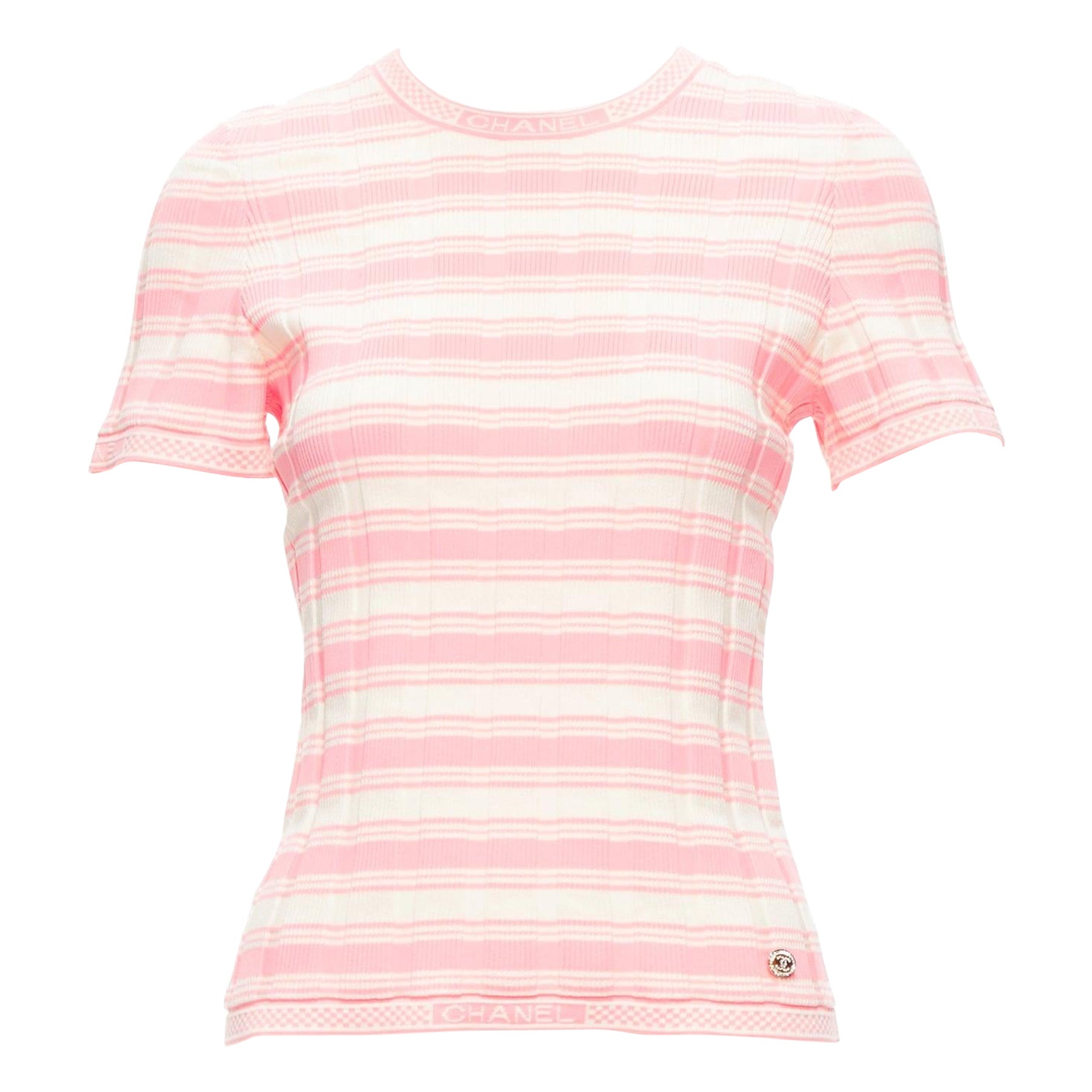 CHANEL 23C white pink stripe logo charm short sleeve ribbed sweater FR40 L For Sale