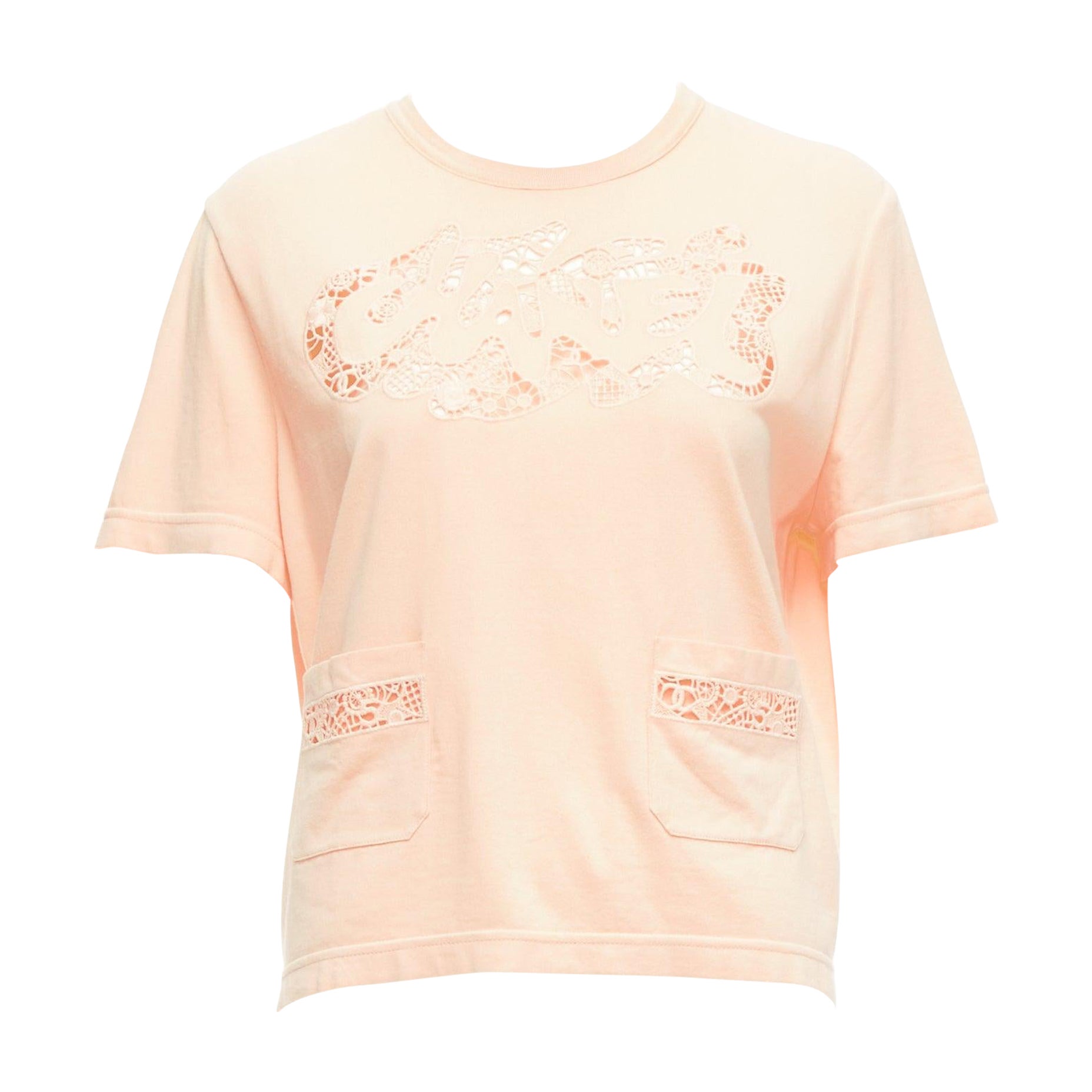 CHANEL 2020 peach pink macrame hollow logo cropped pocketed tshirt FR38 M For Sale