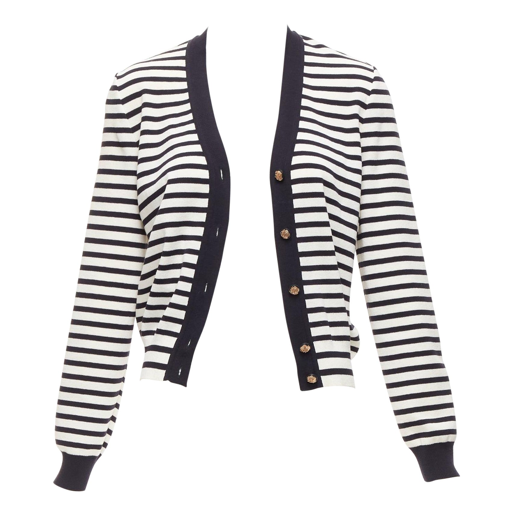 CHANEL black white striped cotton blend gold CC buttons cardigan FR38 M For Sale