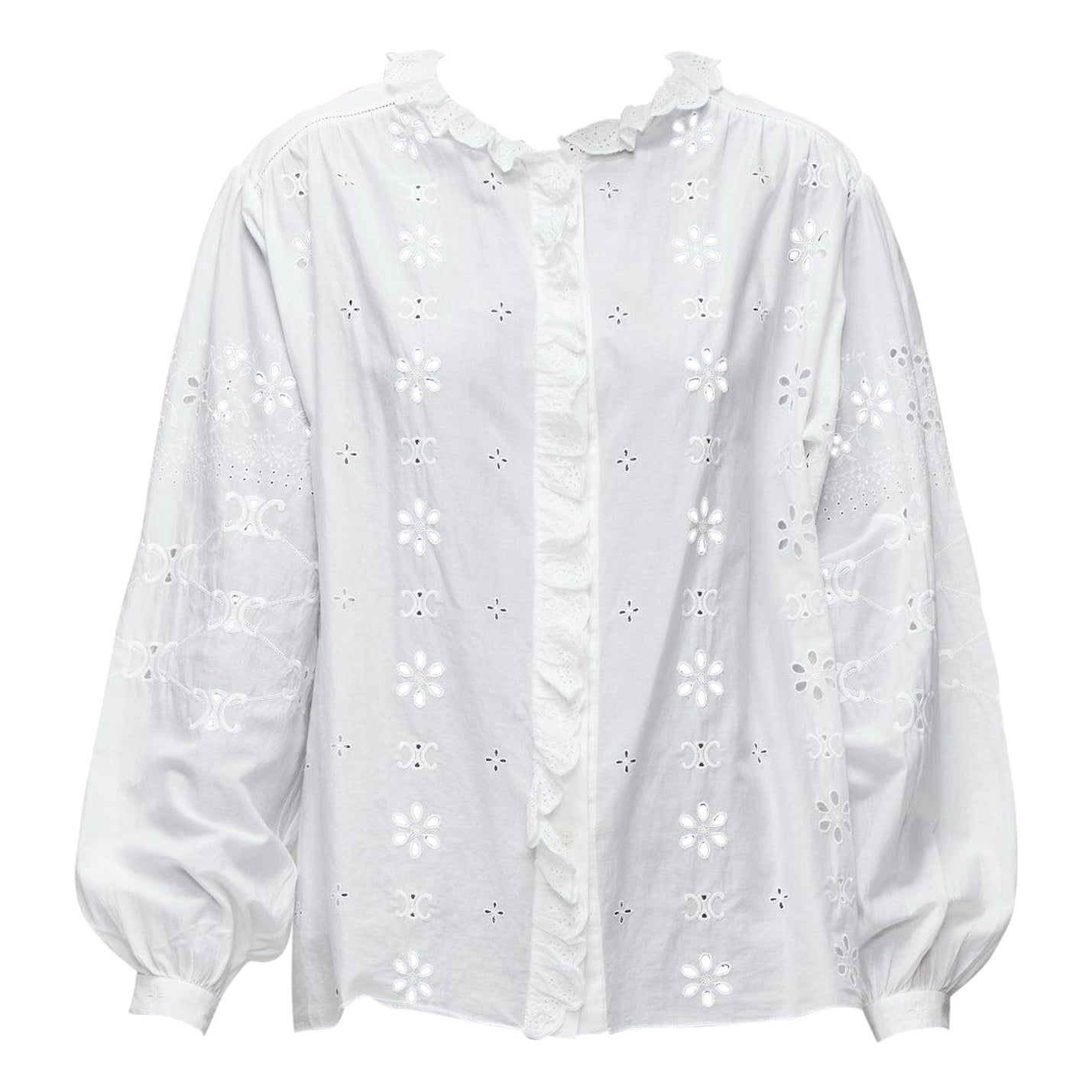 CELINE white triomphe logo lace eyelet embroidery peasant shirt FR40 L For Sale