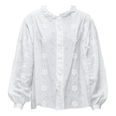 CELINE white triomphe logo lace eyelet embroidery peasant shirt FR40 L