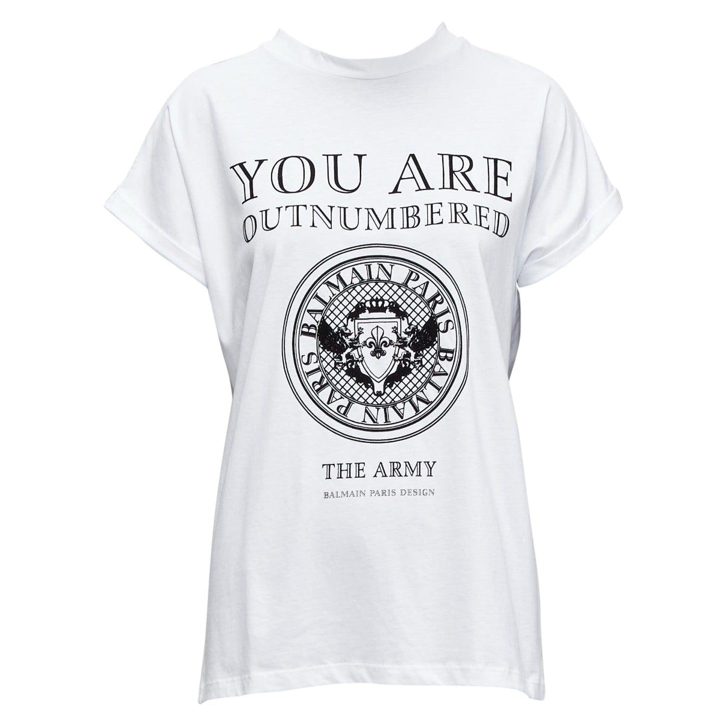 BALMAIN You Are Outnumbered Army velvet print white tshirt FR36 XS For Sale