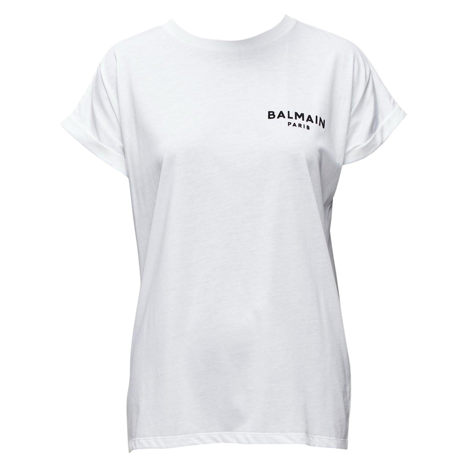 BALMAIN signature logo print cuffed sleeves white cotton tshirt XXS For Sale