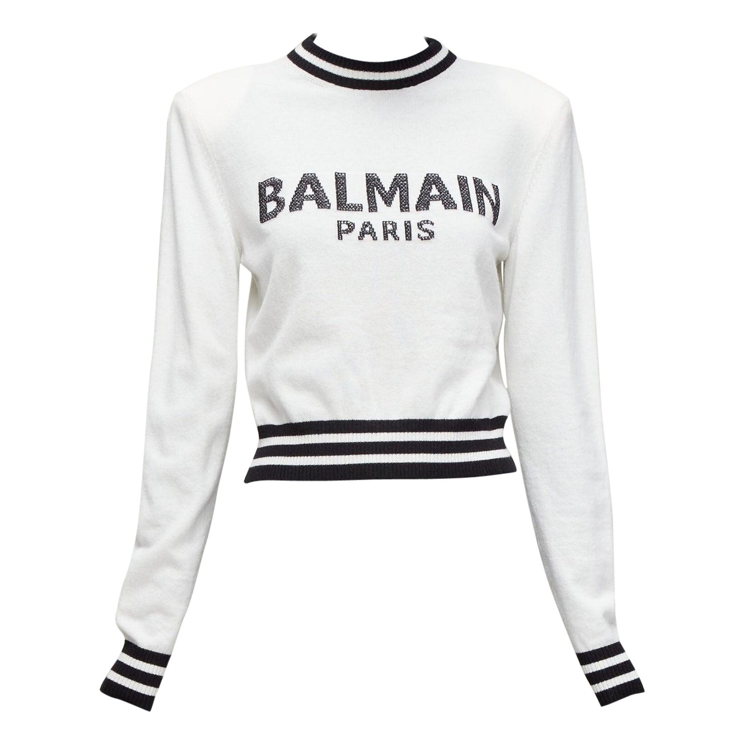 BALMAIN cream black wool cashmere logo padded shoulder sweater FR34 XS For Sale