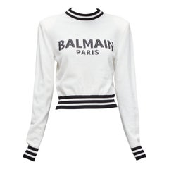 BALMAIN cream black wool cashmere logo padded shoulder sweater FR34 XS