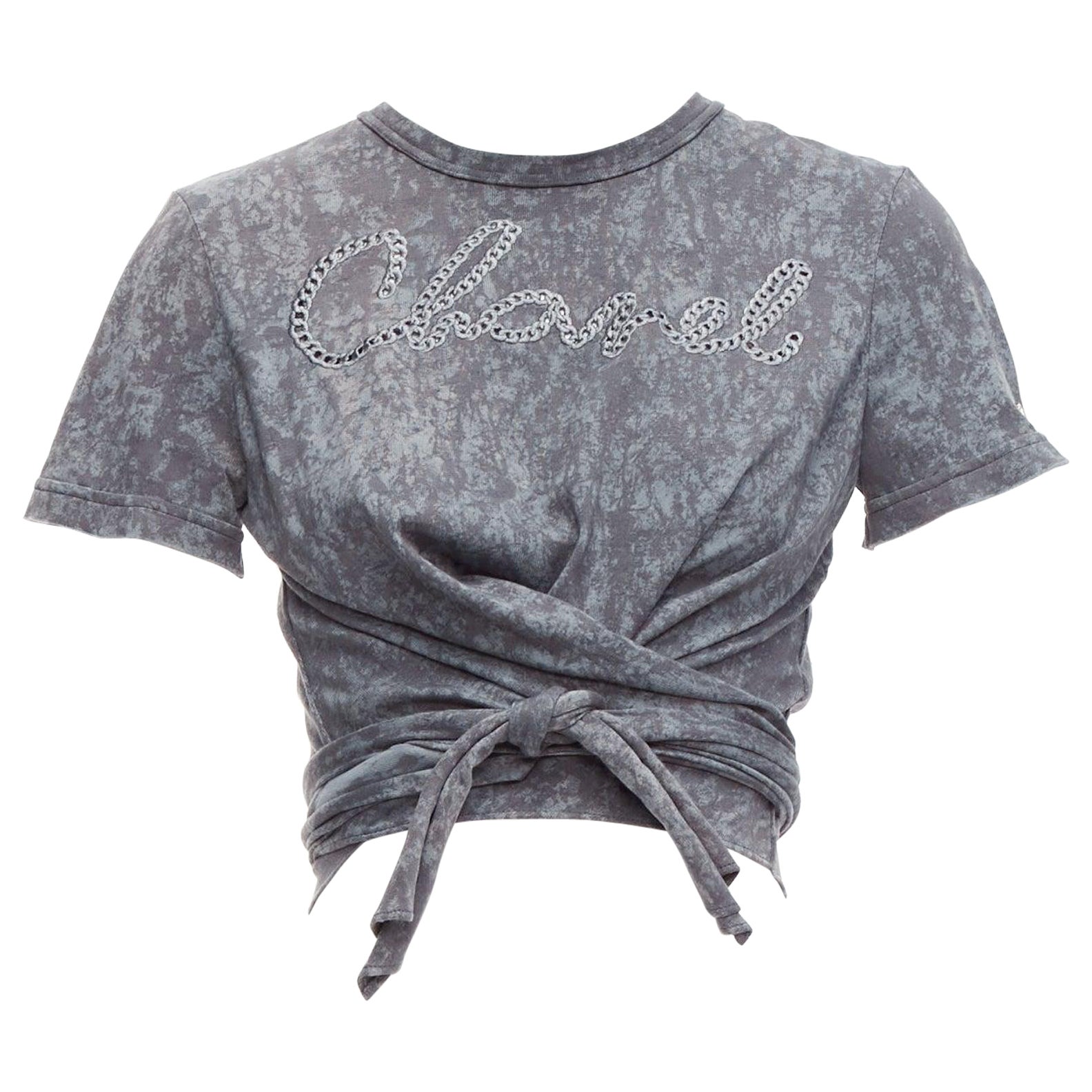 CHANEL 2021 grey rope logo embroidery tie cropped tshirt FR34 XS For Sale