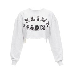 CELINE Runway grey cotton varsity logo cutoff sweatshirt crop top XS