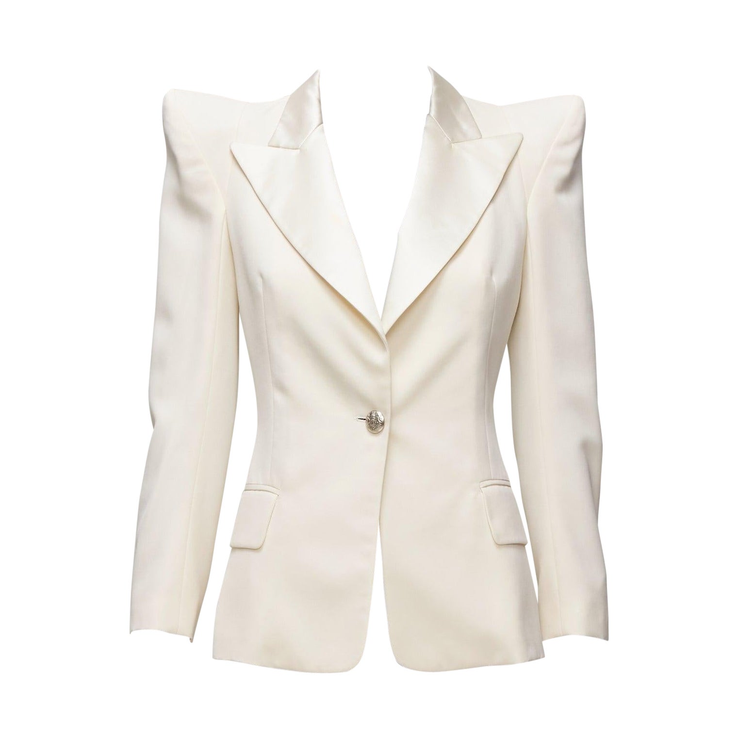 BALMAIN cream pagoda peak power shoulder single button tuxedo jacket FR38 S For Sale