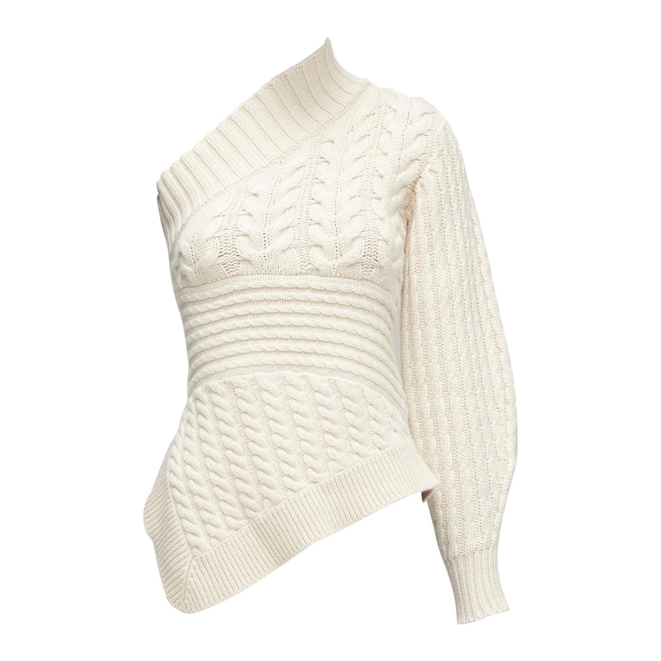 BURBERRY 100% cashmere cream one shoulder mixed cable knit pullover sweater XS For Sale