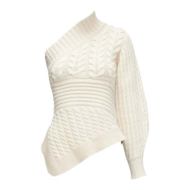 BURBERRY 100% cashmere cream one shoulder mixed cable knit pullover ...