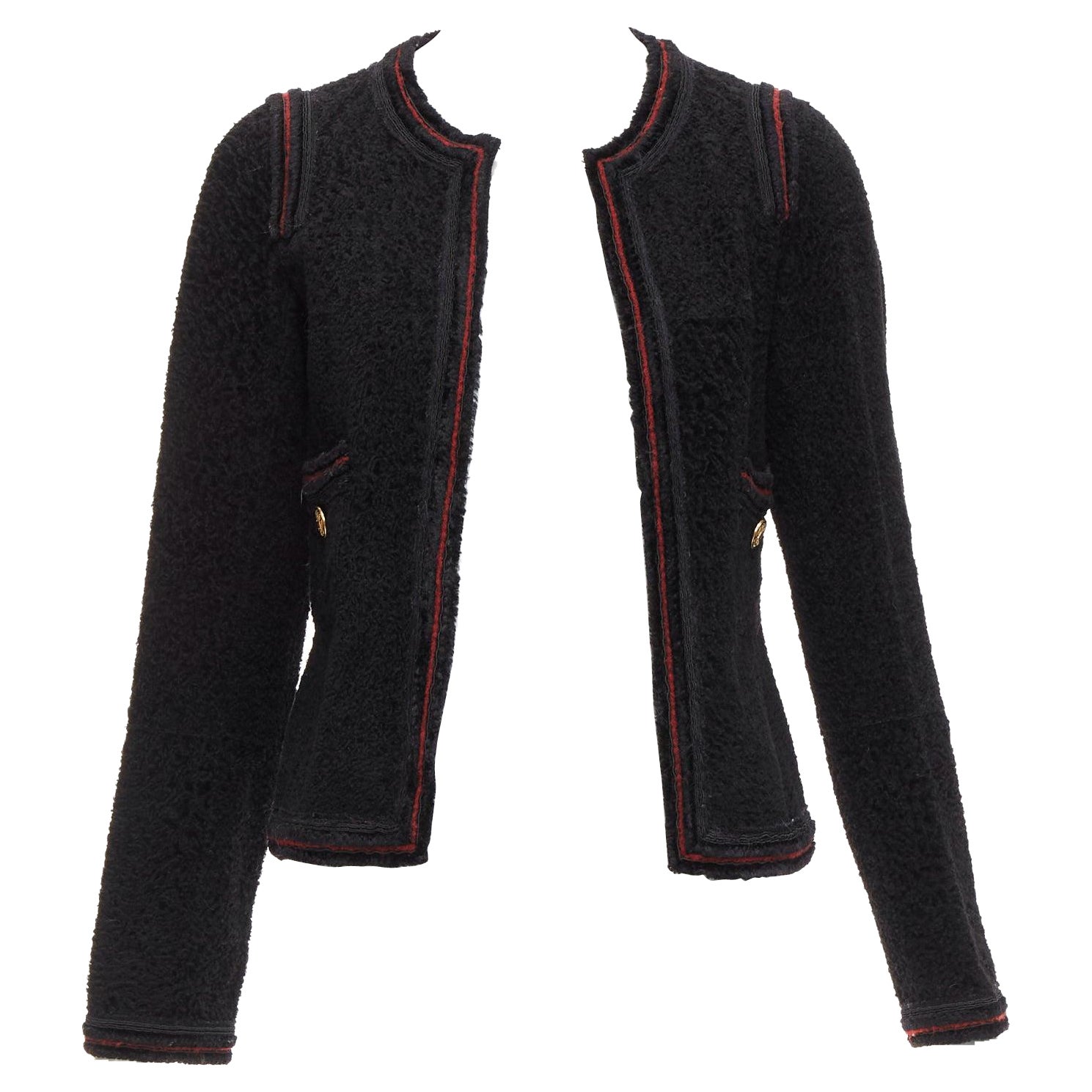 CHANEL 09A Paris Moskau Schwarze Tweed-Lederjacke mit CC-Logo gefüttert FR34 XS im Angebot