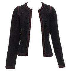 CHANEL 09A Paris Moscou noir tweed cuir doublé CC veste logo FR34 XS