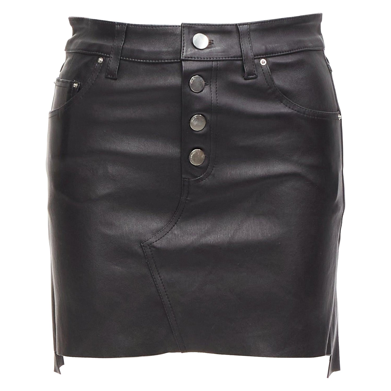AMIRI black genuine leather high low back pockets mini skirt US0 XS For Sale