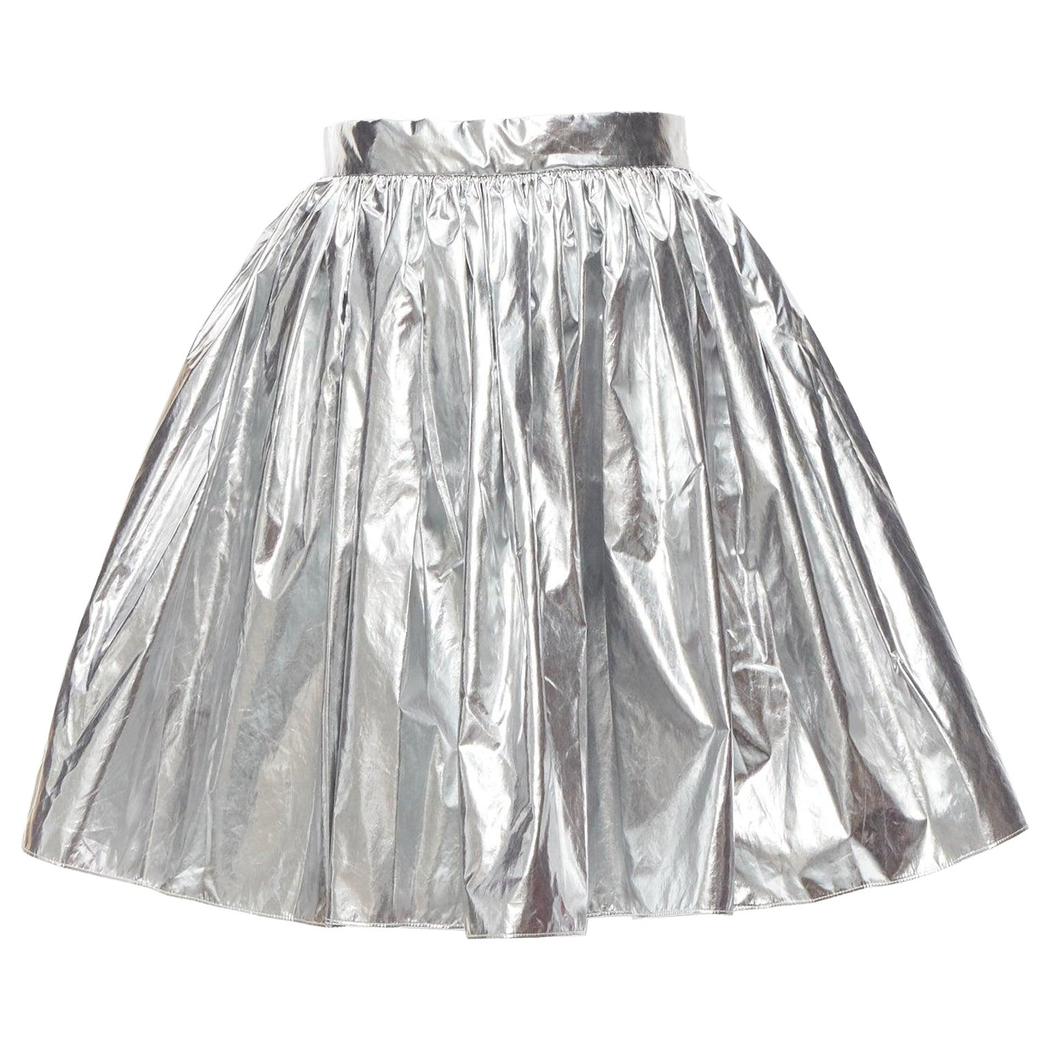 ALEXANDER MCQUEEN 2022 silver foil flared knee length circle skirt IT36 XXS For Sale