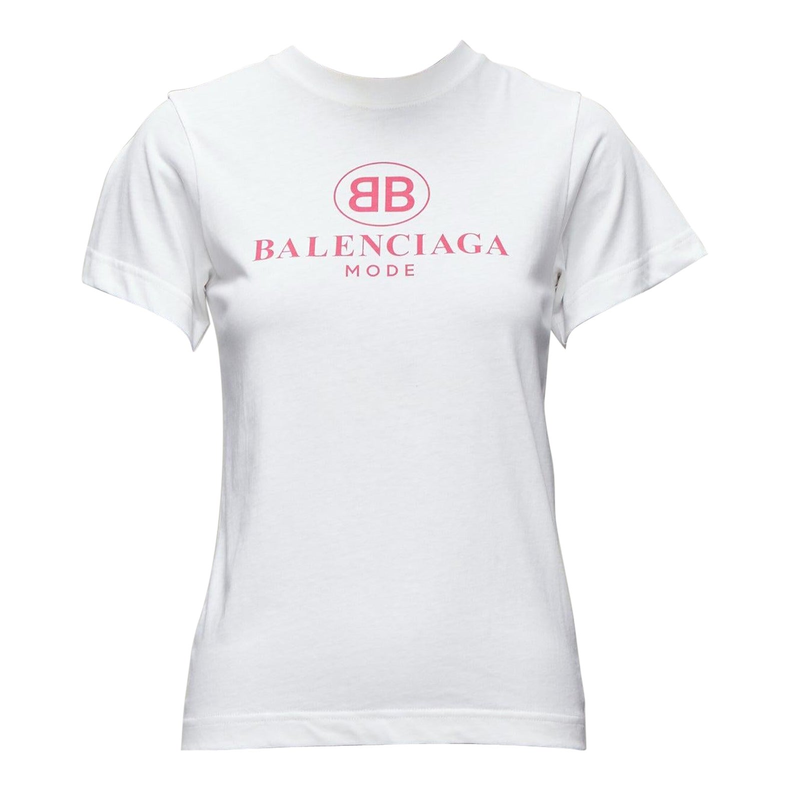BALENCIAGA 2017 Mode pink logo print short sleeve white cotton tshirt XS For Sale