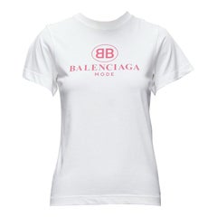BALENCIAGA 2017 Mode - T-shirt blanc à manches courtes en coton imprimé logo rose XS