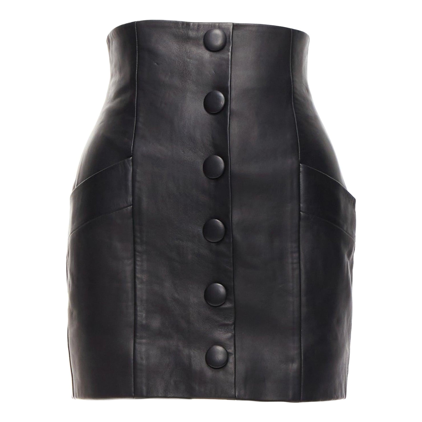 BALMAIN black lambskin leather button front high waisted mini skirt FR34 XS For Sale