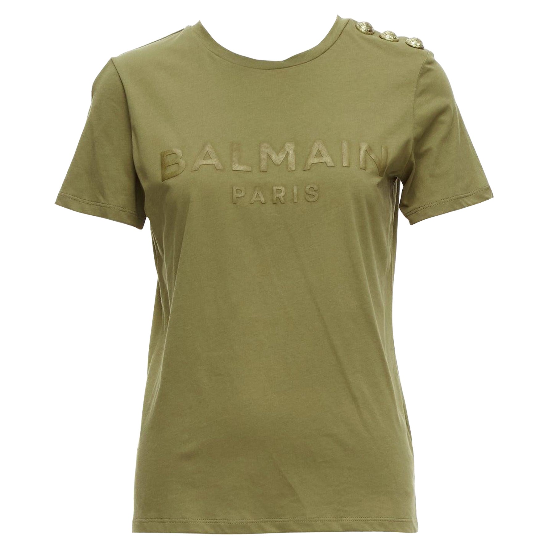 BALMAIN grün-braunes Logo-Militärknöpfe-T-Shirt XS im Angebot