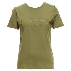 BALMAIN grün-braunes Logo-Militärknöpfe-T-Shirt XS