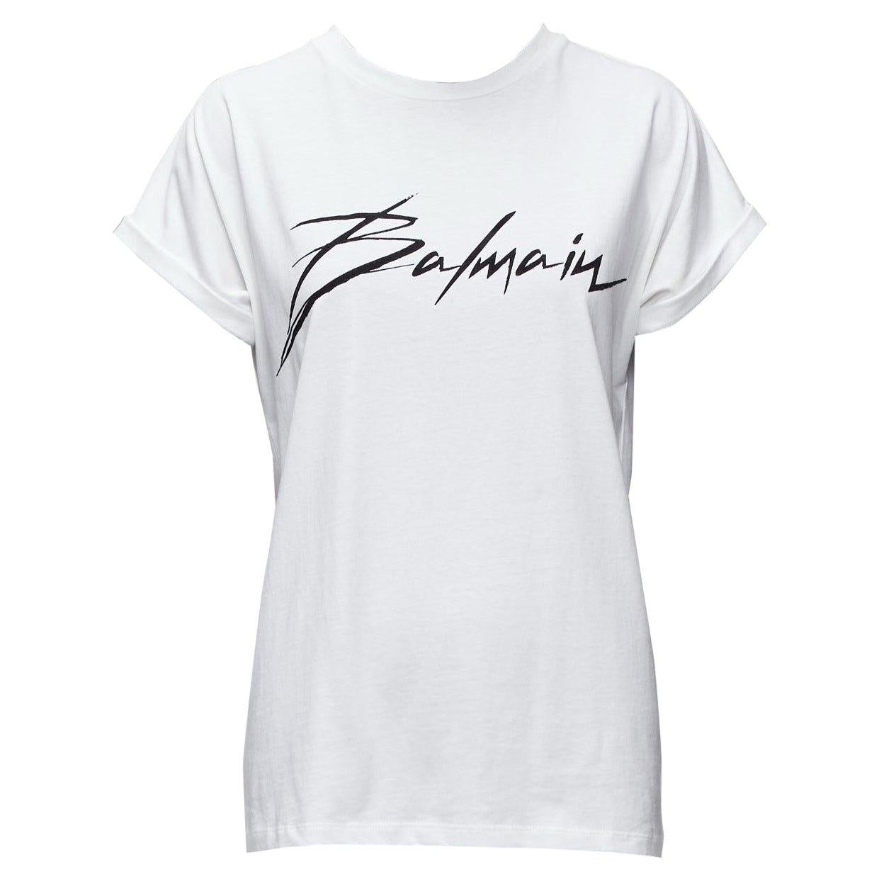 BALMAIN black signature logo velvet print cuffed sleeve white tshirt FR34 XS For Sale