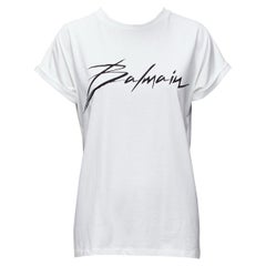 BALMAIN black signature logo velvet print cuffed sleeve white tshirt FR34 XS