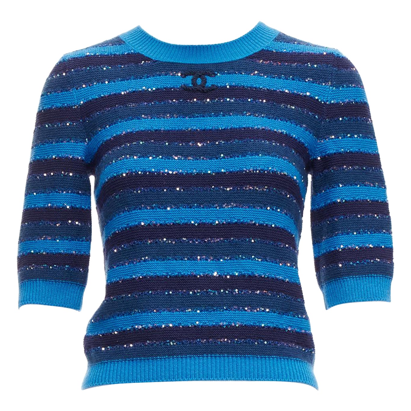 CHANEL 20C blue sequins cashmere blend CC logo striped crop sweater FR36 XS For Sale