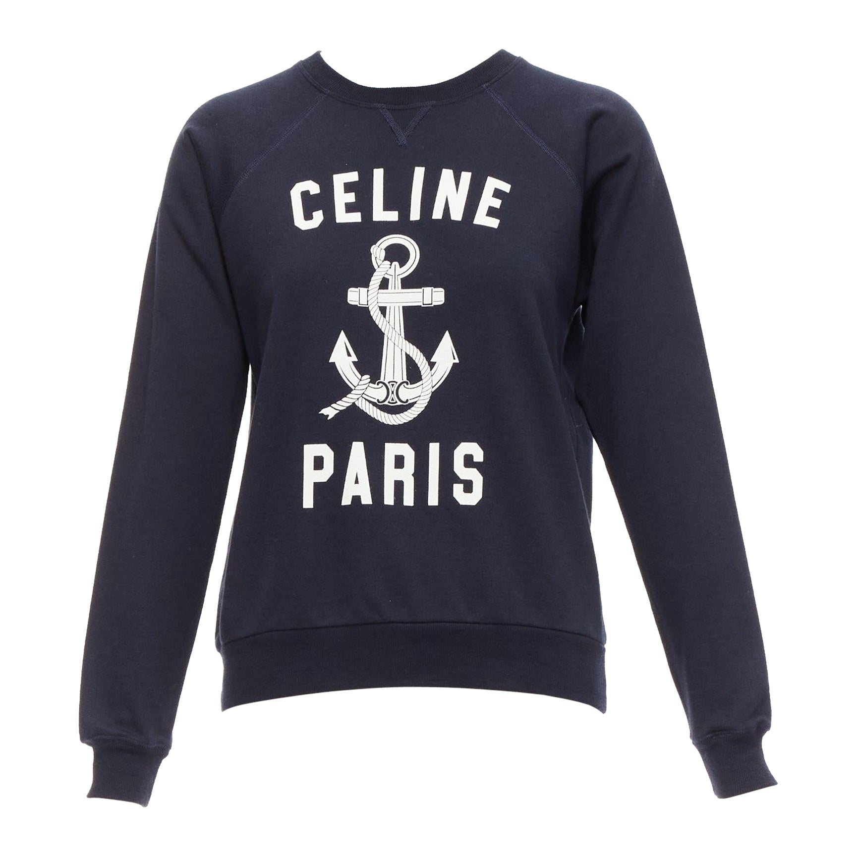 CELINE Anchor navy cotton cashmere logo print crew long sleeve sweatshirt XS For Sale