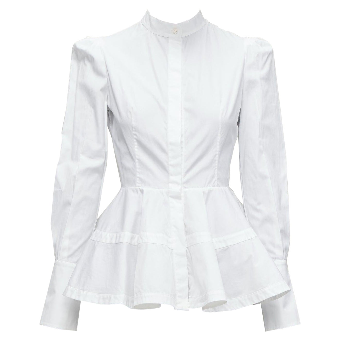 ALEXANDER MCQUEEN white cotton puff shoulder peplum fitted dress shirt IT36 XXS For Sale