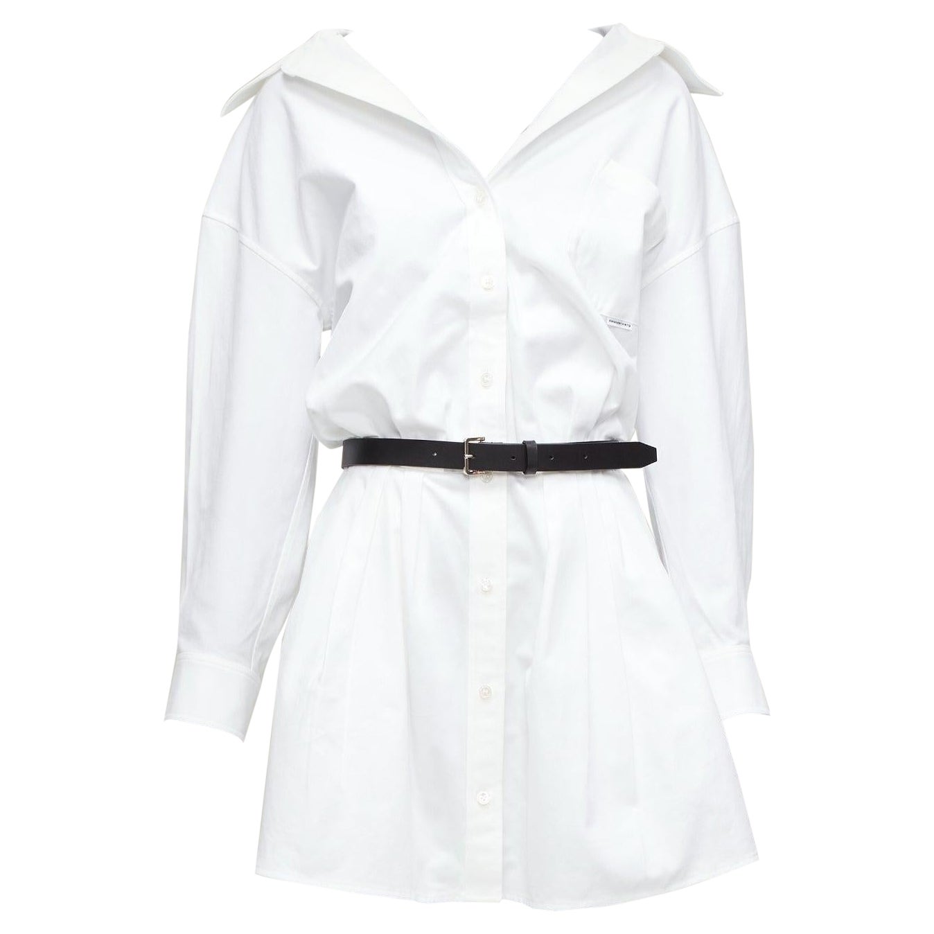 ALEXANDER WANG white nude cotton drop shoulder black belted shirt dress US0 XS For Sale