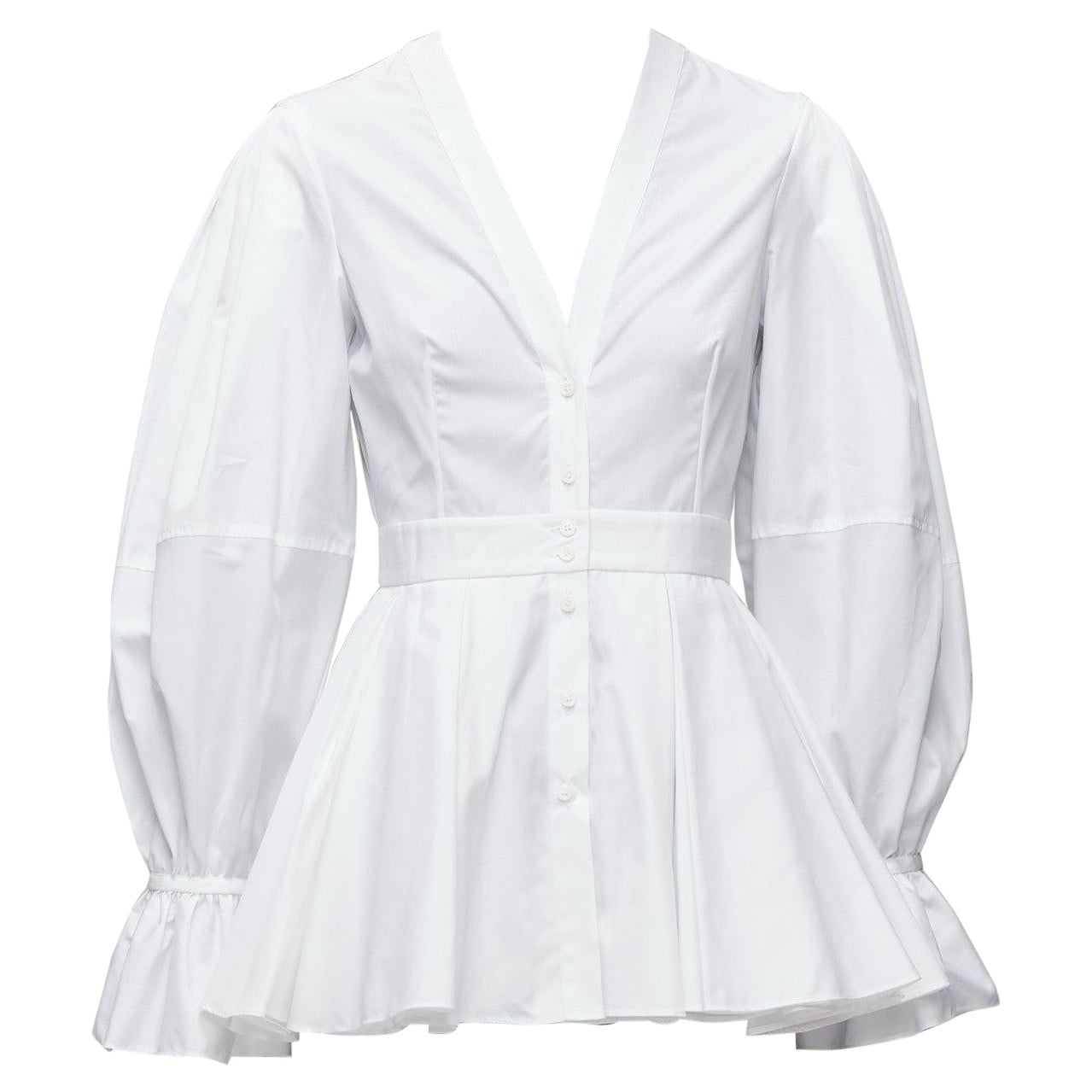 ALEXANDER MCQUEEN white cotton V-neck balloon sleeve peplum dress shirt IT38 XS For Sale