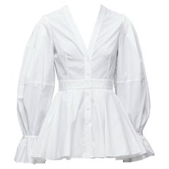 ALEXANDER MCQUEEN white cotton V-neck balloon sleeve peplum dress shirt IT38 XS